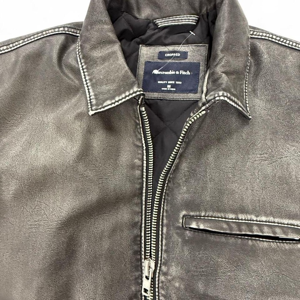 Abercrombie & Fitch Mens Cropped Faux Leather Jacket Distressed Black Medium